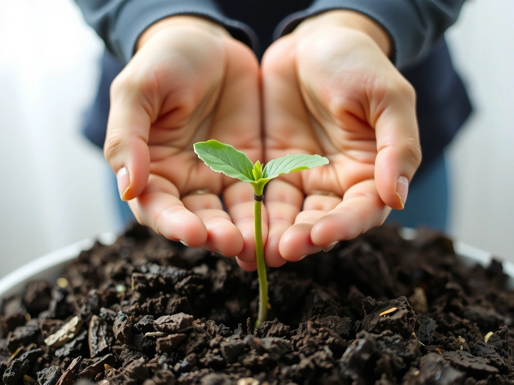 Mână care ține o plantă mică în pământ