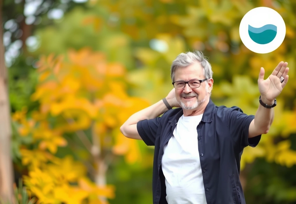 O persoană în vârstă făcând exerciții fizice ușoare în aer liber