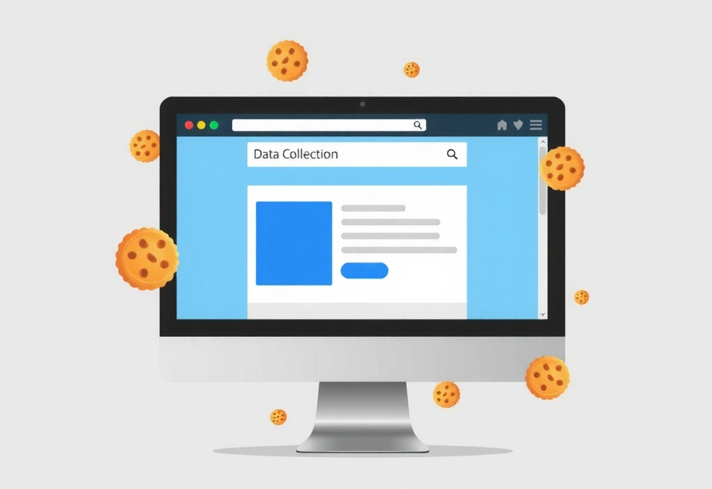 Un computer cu diverse icoane de cookie-uri plutind în jurul său, reprezentând colectarea de date
