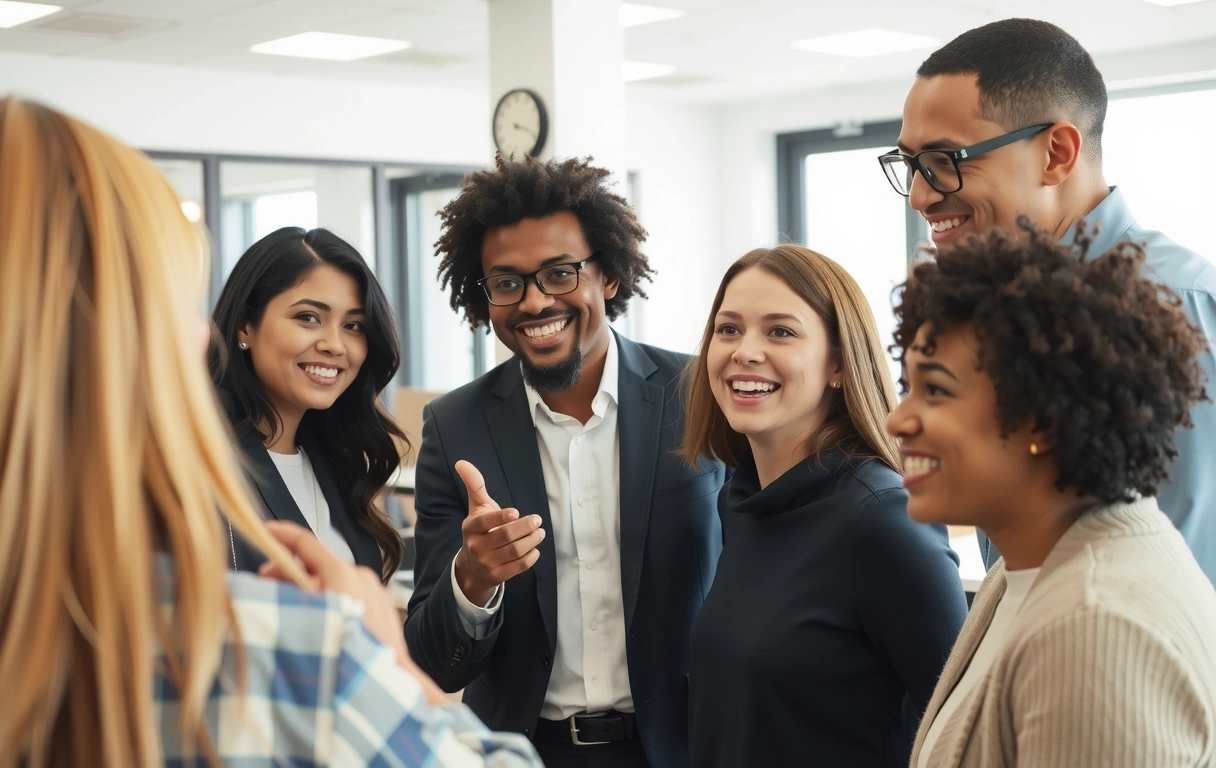 Grup de oameni zâmbitori, cu aspect profesionist, discutând într-un mediu luminos și modern