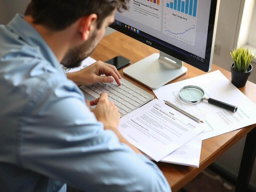 Persoană verificând informații pe un computer, cu lupa și documente